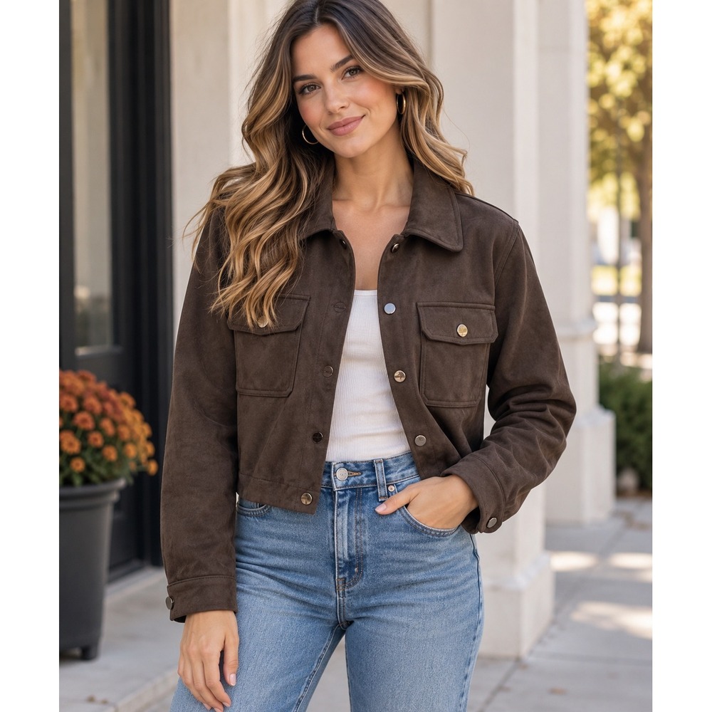 1 Sunset Lane Brown Faux Suede Jacket M Cropped Western Utility Shacket